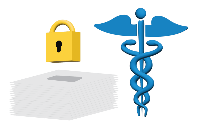 Graphic of lock next to caduceus symbol